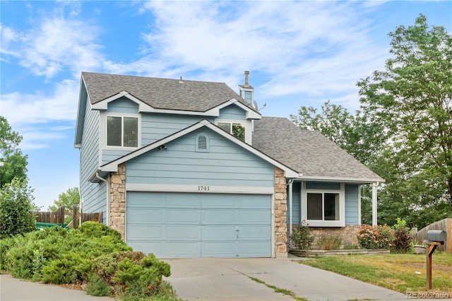1741 W 131st Ct, Denver, CO 80234 - traditional home with stone siding, driveway, a shingled roof, a chimney, and an attached garage