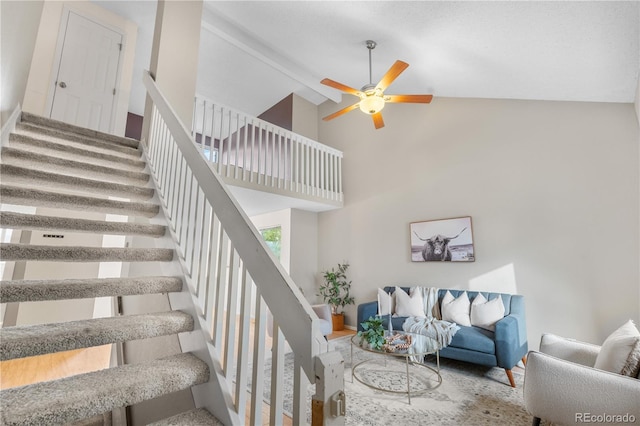 1741 W 131st Ct, Denver, CO 80234 - stairs with a ceiling fan and high vaulted ceiling