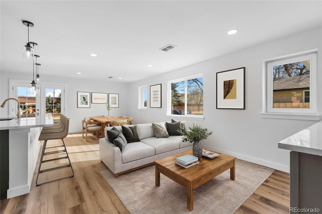 living room with light wood-type flooring, plenty of natural light, and sink