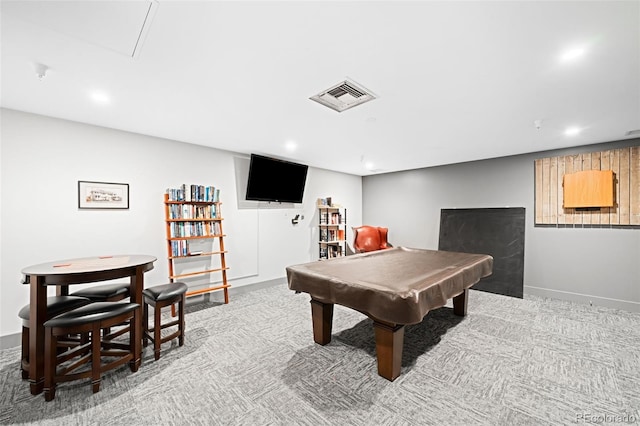 recreation room featuring billiards, visible vents, baseboards, carpet floors, and recessed lighting