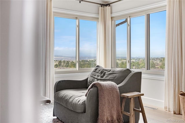 living area featuring baseboards, visible vents, and a wealth of natural light