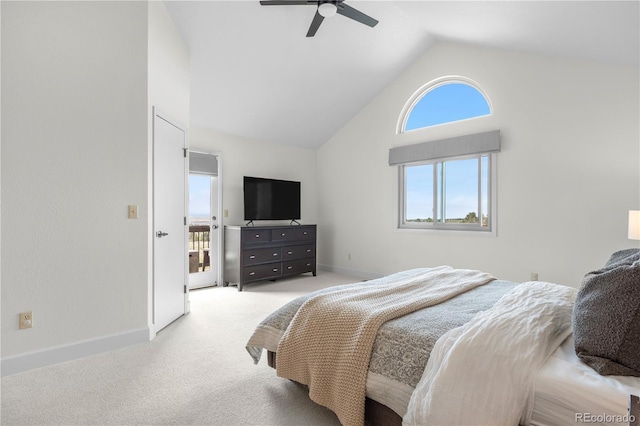bedroom featuring baseboards, light carpet, ceiling fan, and high vaulted ceiling