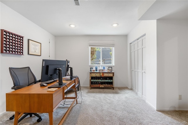 carpeted home office with recessed lighting and baseboards
