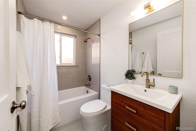 full bath featuring vanity, toilet, and shower / bathtub combination with curtain