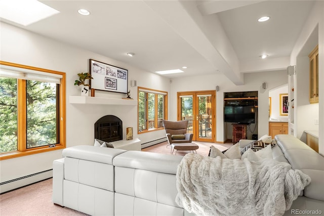 28890 Pinewood Vista Dr, Evergreen, CO 80439 - living room with recessed lighting, a baseboard radiator, a fireplace with raised hearth, and beamed ceiling