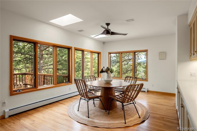 28890 Pinewood Vista Dr, Evergreen, CO 80439 - dining space featuring a baseboard radiator, light wood-style flooring, ceiling fan, and a skylight
