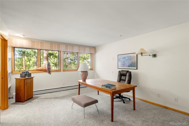 28890 Pinewood Vista Dr, Evergreen, CO 80439 - office area featuring baseboards, light carpet, and a baseboard radiator