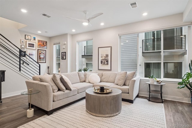 1284 Quitman St, Denver, CO 80204 - living room featuring wood finished floors, a ceiling fan, stairs, and recessed lighting