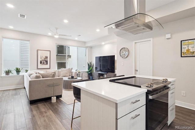 1284 Quitman St, Denver, CO 80204 - kitchen with stainless steel electric range oven, island exhaust hood, dark wood-type flooring, open floor plan, and recessed lighting