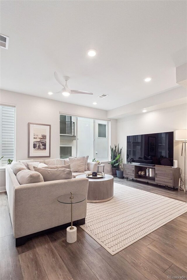 1284 Quitman St, Denver, CO 80204 - living area with wood finished floors, recessed lighting, and a ceiling fan