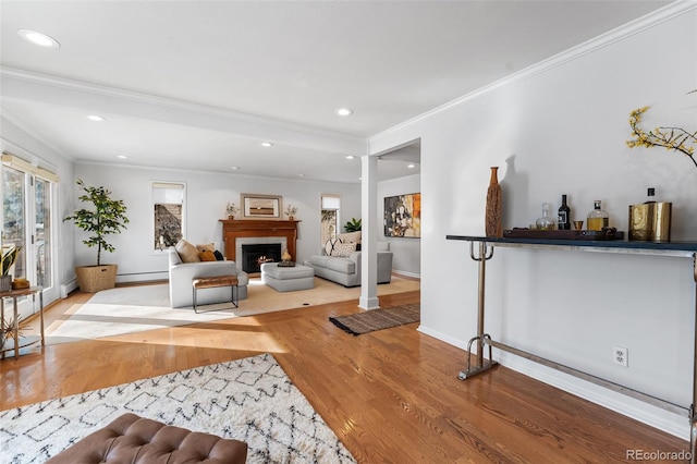 living room featuring a warm lit fireplace, a baseboard heating unit, wood finished floors, and recessed lighting