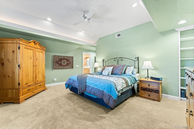 bedroom with recessed lighting, visible vents, light carpet, vaulted ceiling, and baseboards