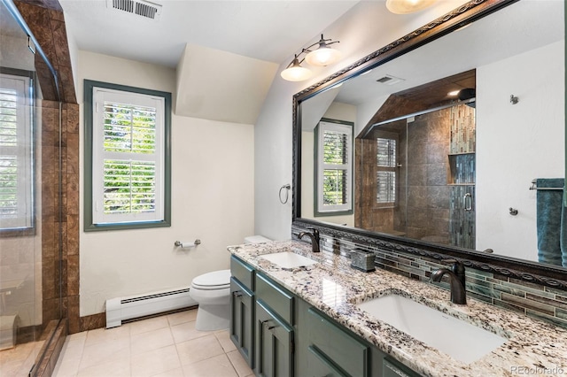 full bath with visible vents, a baseboard heating unit, a sink, and a shower stall