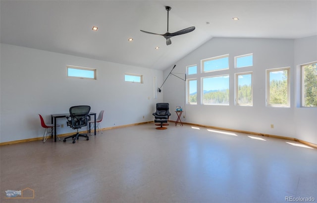 548 Coughlin Meadows Rd, Boulder, CO 80302 - interior space with plenty of natural light, ceiling fan, high vaulted ceiling, and recessed lighting