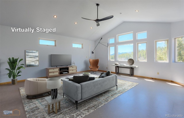 548 Coughlin Meadows Rd, Boulder, CO 80302 - living room featuring plenty of natural light, high vaulted ceiling, ceiling fan, recessed lighting, and carpet flooring