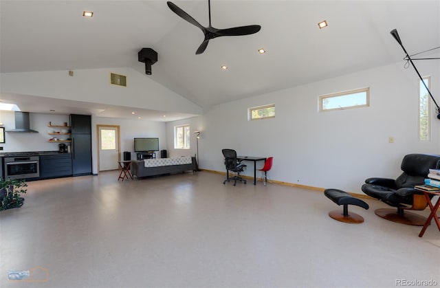 548 Coughlin Meadows Rd, Boulder, CO 80302 - living area with plenty of natural light, ceiling fan, high vaulted ceiling, finished concrete flooring, and recessed lighting