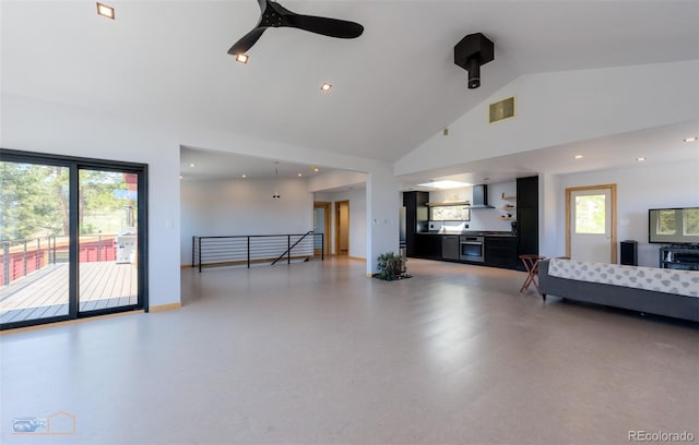 548 Coughlin Meadows Rd, Boulder, CO 80302 - living area with high vaulted ceiling, plenty of natural light, a ceiling fan, and recessed lighting