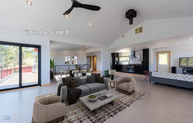 548 Coughlin Meadows Rd, Boulder, CO 80302 - carpeted living area with high vaulted ceiling, a ceiling fan, and recessed lighting