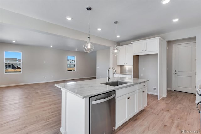 13502 E 100th Ave, Commerce City, CO 80022 - kitchen with dishwasher, a sink, light wood finished floors, white cabinets, and recessed lighting