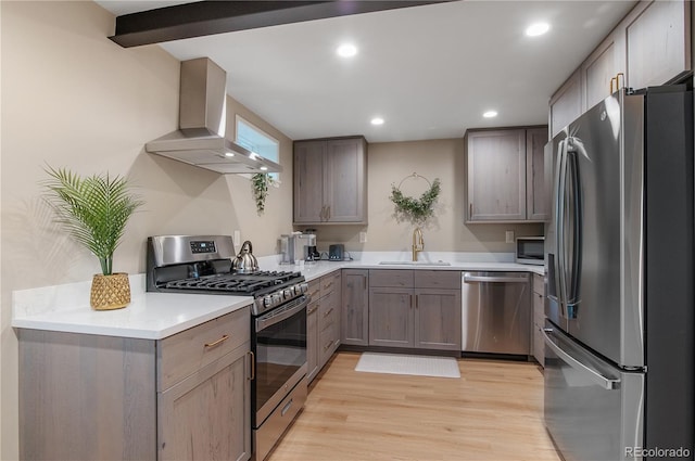 kitchen featuring sink, stainless steel appliances, exhaust hood, and light wood-type flooring