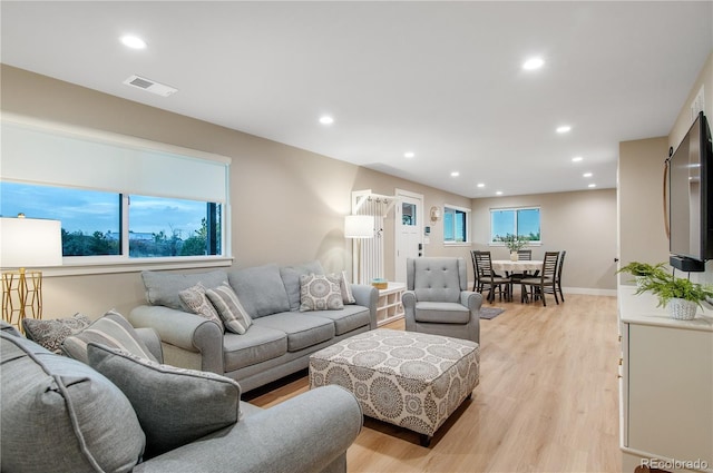 living room featuring a healthy amount of sunlight and light hardwood / wood-style flooring