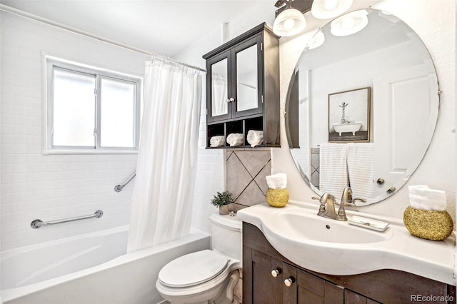 full bathroom with shower / tub combo, vanity, and toilet