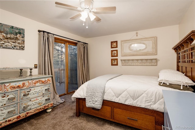 bedroom featuring light carpet, access to outside, and ceiling fan