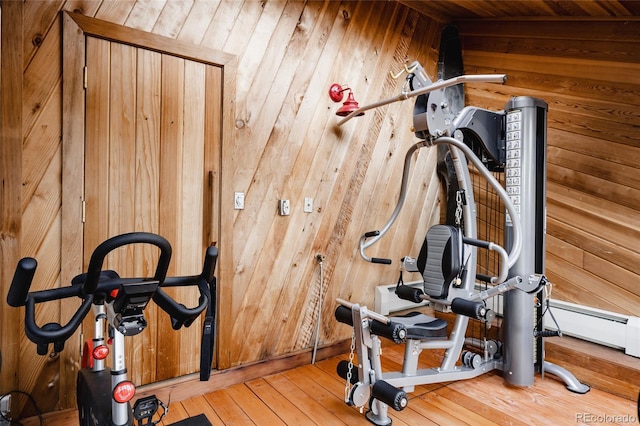 exercise area featuring hardwood / wood-style floors, wood ceiling, and wood walls