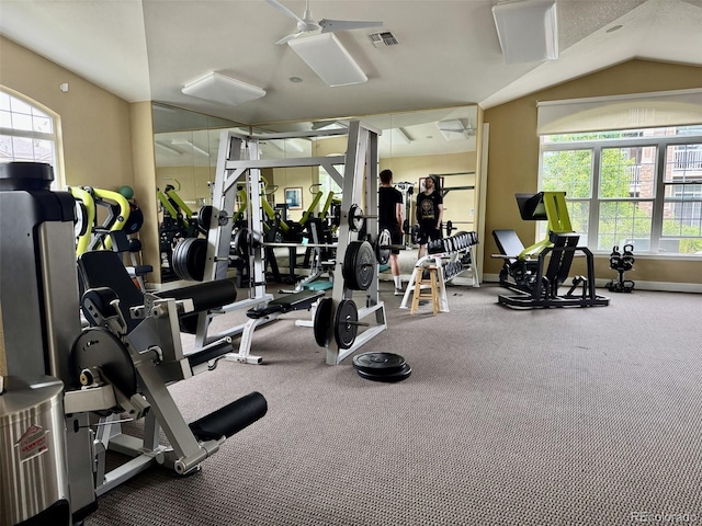 7440 S Blackhawk St Unit 208, Englewood, CO 80112 - workout area featuring baseboards, carpet floors, and vaulted ceiling