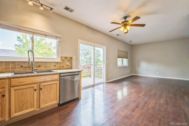 2446 S Gibralter Way, Aurora, CO 80013 - kitchen featuring dishwasher, dark wood-style flooring, backsplash, ceiling fan, and open floor plan