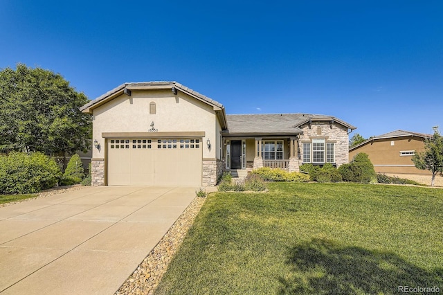 16550 Antero Cir, Broomfield, CO 80023 - view of front facade with stone siding, an attached garage, a front lawn, and concrete driveway
