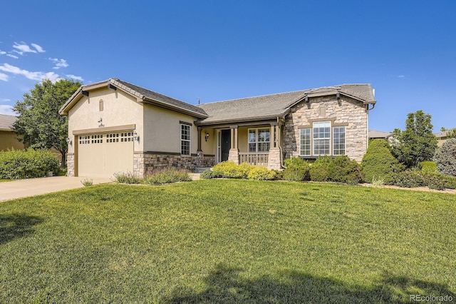 16550 Antero Cir, Broomfield, CO 80023 - view of front of house featuring stone siding, a front lawn, stucco siding, and a garage