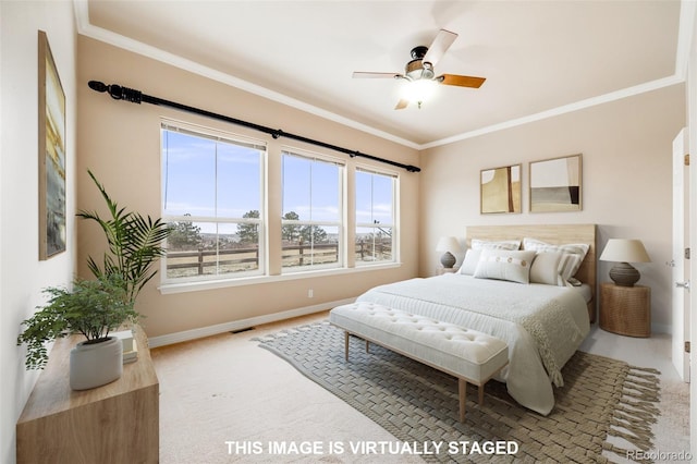 1975 Wild Star Way, Castle Rock, CO 80104 - carpeted bedroom with baseboards, crown molding, and a ceiling fan