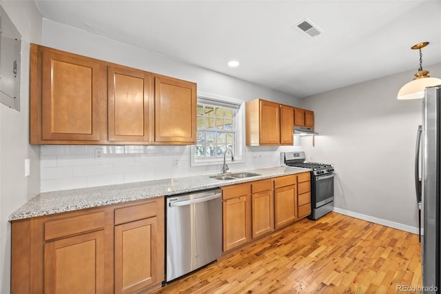 kitchen featuring visible vents, a sink, stainless steel appliances, light wood-style floors, and backsplash