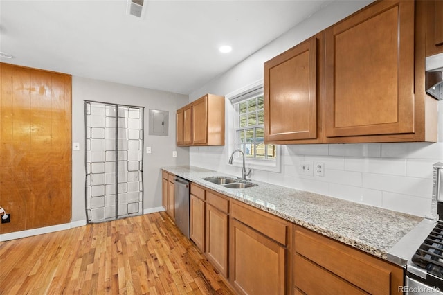 kitchen featuring a sink, brown cabinetry, and stainless steel dishwasher