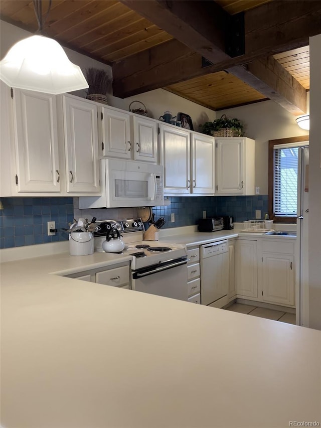 224 Creekside Dr Unit B, Frisco, CO 80443 - kitchen with decorative backsplash, wood ceiling, white cabinets, and white appliances
