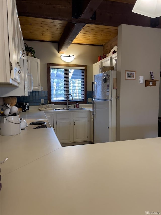 224 Creekside Dr Unit B, Frisco, CO 80443 - kitchen with white appliances, light countertops, white cabinets, wooden ceiling, and a sink