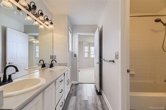 full bathroom with a sink, double vanity, and wood finished floors