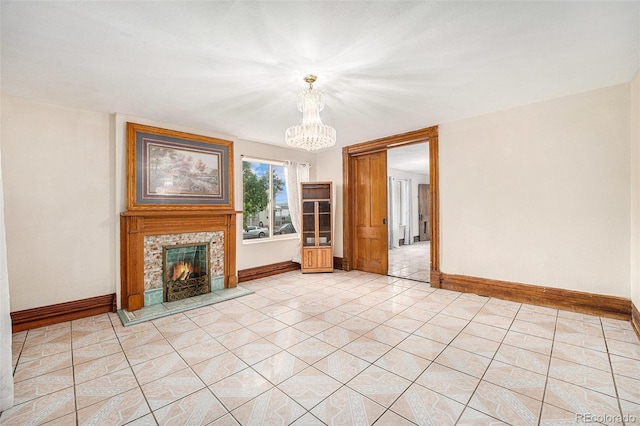 7 Elati St, Denver, CO 80223 - unfurnished living room with a chandelier, a tile fireplace, and light tile patterned floors