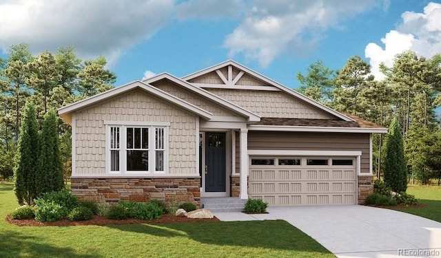 craftsman inspired home with stone siding, a front lawn, a garage, and concrete driveway