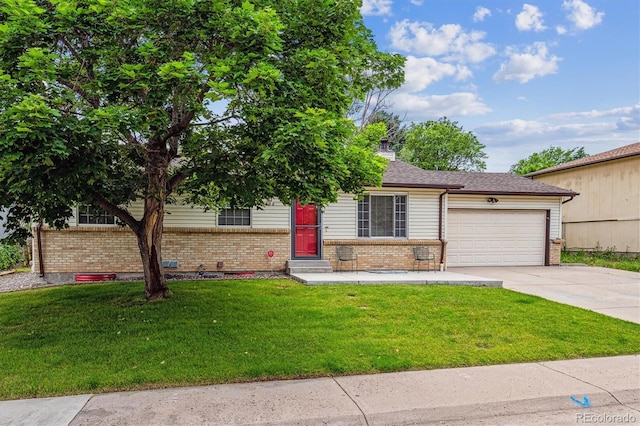 6508 S Garland Way, Littleton, CO 80123 - view of front of house with brick siding, concrete driveway, an attached garage, a front yard, and entry steps