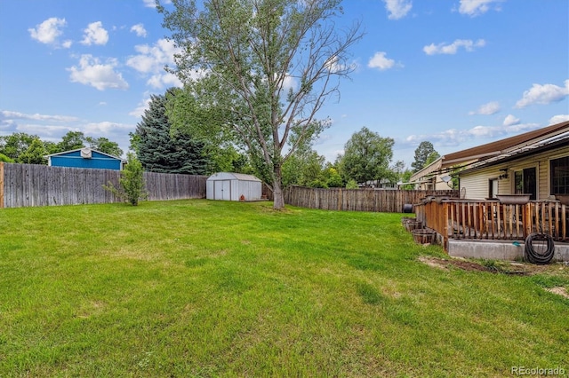 6508 S Garland Way, Littleton, CO 80123 - fenced backyard with a storage shed and a wooden deck