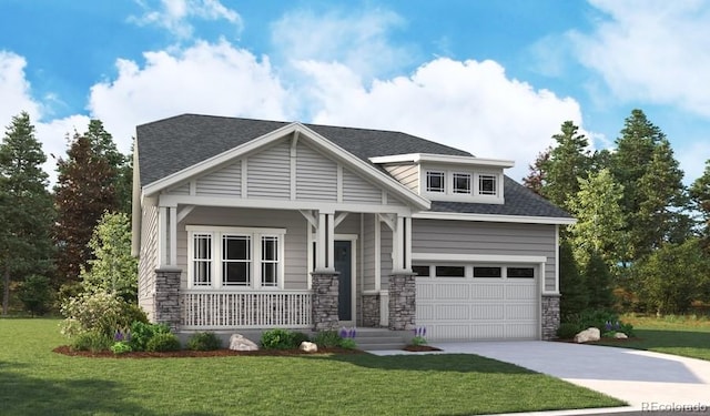 craftsman-style home with a porch, driveway, and a front lawn