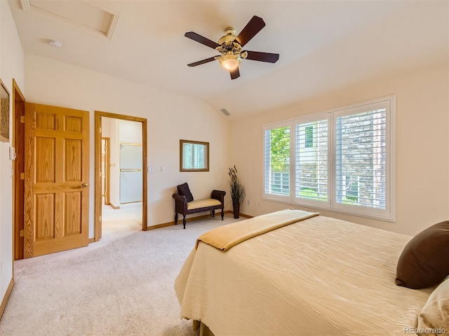 bedroom with light carpet, ceiling fan, and lofted ceiling