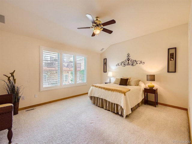 bedroom featuring carpet flooring, ceiling fan, and vaulted ceiling