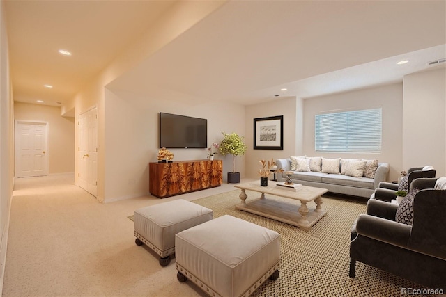 living room with recessed lighting, baseboards, carpet floors, and visible vents