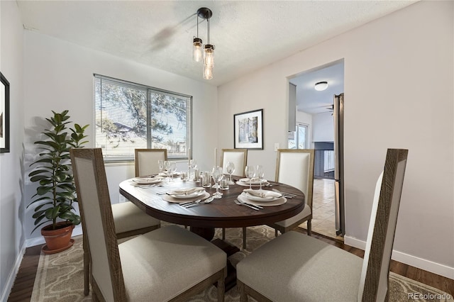 dining room with hardwood / wood-style flooring and a textured ceiling