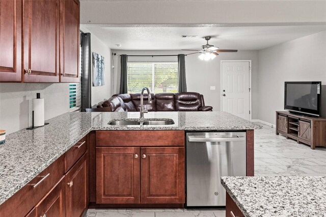 18672 E Chaffee Pl, Denver, CO 80249 - kitchen with dishwasher, light marble finish floors, open floor plan, a peninsula, and ceiling fan