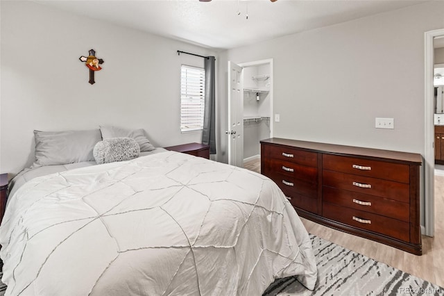 18672 E Chaffee Pl, Denver, CO 80249 - bedroom featuring light wood-style floors, a spacious closet, a closet, and a ceiling fan