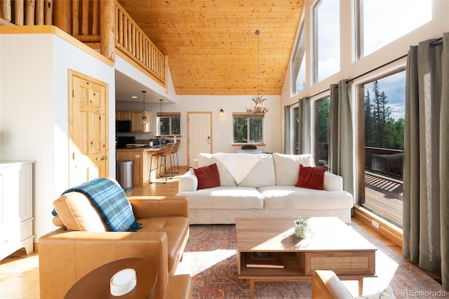 living room with wooden ceiling, high vaulted ceiling, and light wood finished floors